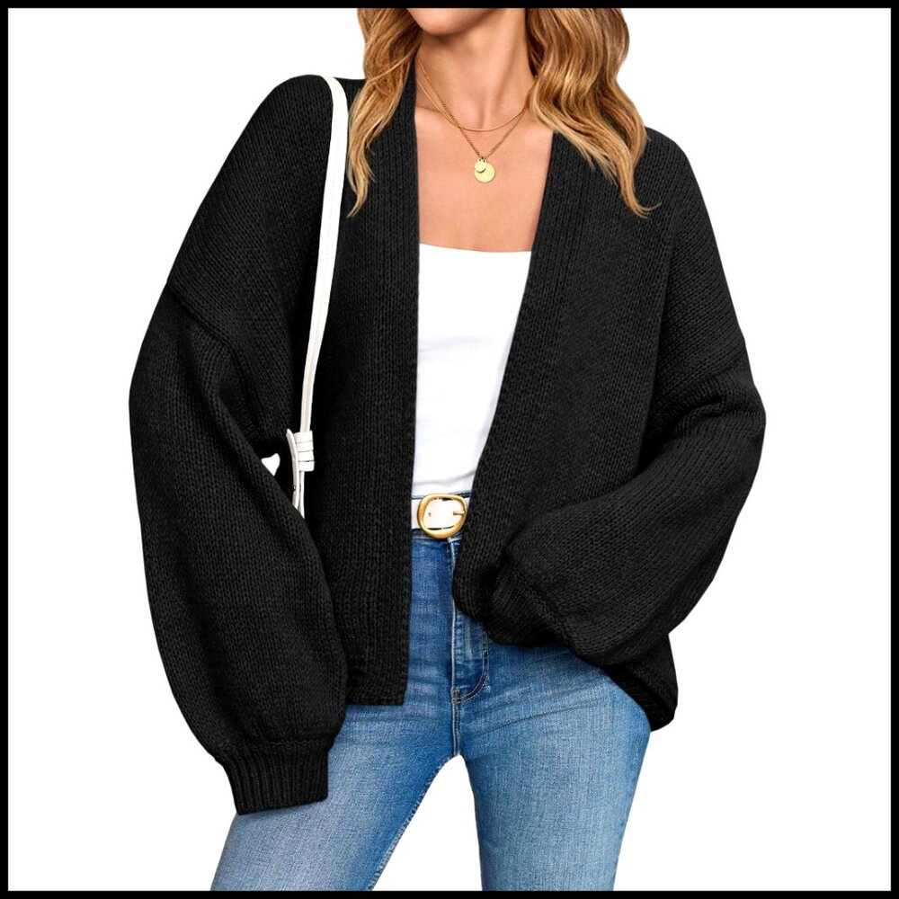 Oversized Chunky Knit Cardigan with Lantern Sleeves Open Front Sweater Coat
